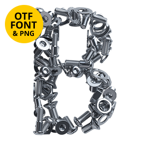 Letter assembled from chrome bolts and nuts of the Nuts and Bolts Font with the OTF and PNG badge