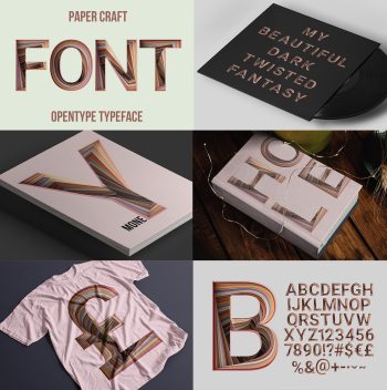 Six panel preview of the Paper Craft Font showing poster, alphabet and mockups