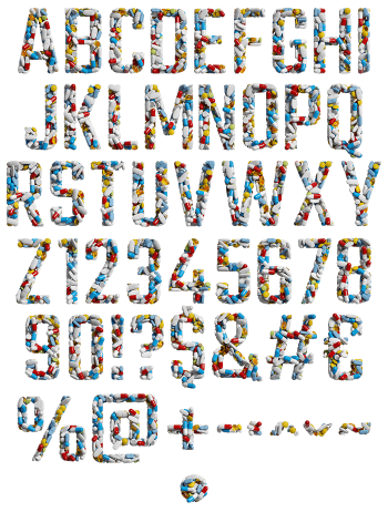 Full alphabet and numerals of the Pills Font packed from coloured pills