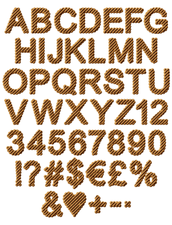 Complete alphabet, numerals and symbols of the Fudge Stripe Cookies Font in striped biscuit