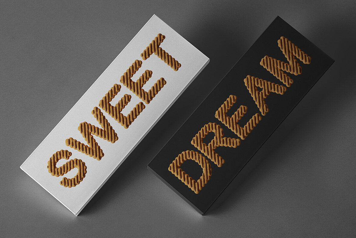 Fudge Stripe Cookies Font box sleeve mockup Two long boxes printed with the words sweet and dream in the Fudge Stripe Cookies Font