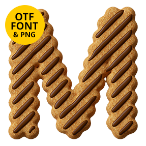 Letter M of the Fudge Stripe Cookies Font on a light square with the OTF and PNG badge
