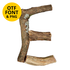 Letter E of the Dry Twigs (v2) Font on a light square with the OTF and PNG badge