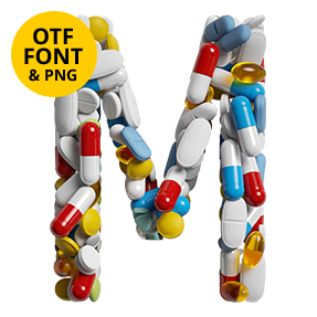 Letter packed with coloured capsules of the Pills Font with the OTF and PNG badge