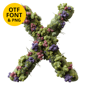 Letter X of the Virus Font grown from green and violet clumps