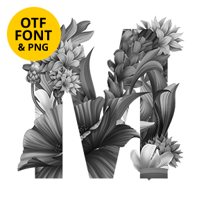 Single greyscale botanical letter from the Wacomka Flowers BW Font