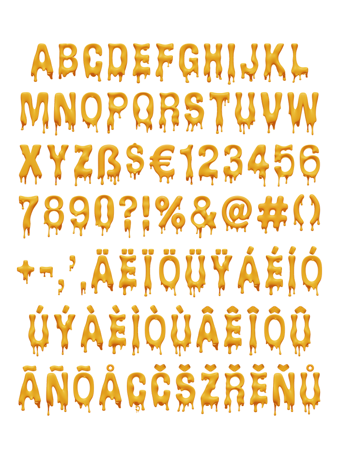 Full character set of the Melting Font with capitals, figures, punctuation and accented letters on white