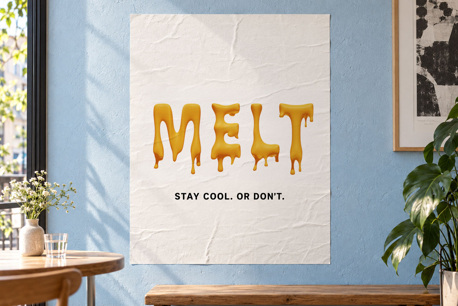 Melting Font MELT Wall Poster White poster on a pale blue wall with MELT in the Melting Font above a small table