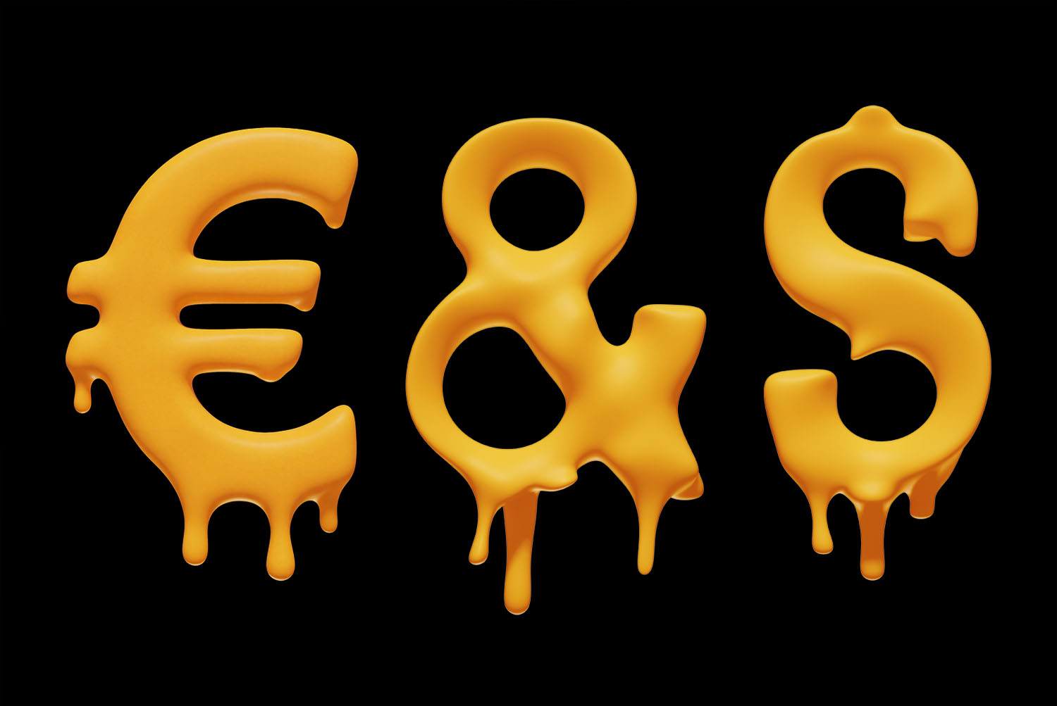 Melting Font Euro Ampersand and Dollar Euro sign, ampersand and dollar sign of the Melting Font close up on black