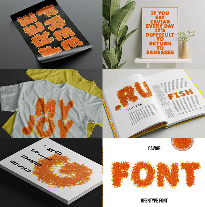Grid of six mockups showing the Caviar Font on print, clothing and tableware