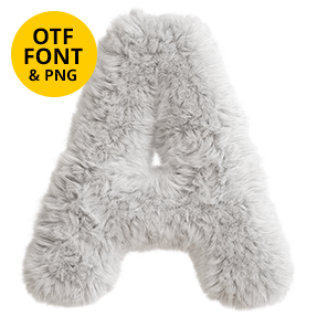 Letter A of the Yeti Font covered in long pale grey fur