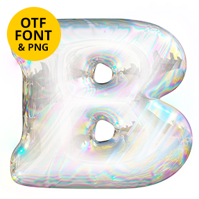 Iridescent soap-film letter B of the Bubbles Font on a light square with the OTF and PNG badge