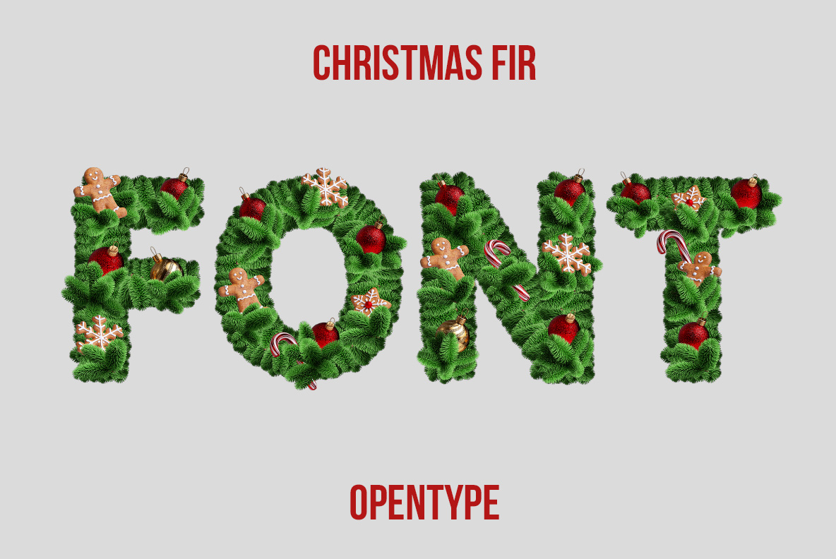 Pale grey poster reading FONT in the Christmas Fir Font with red label text above and below