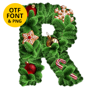 Letter R of the Christmas Fir Font on a light square with the OTF and PNG badge