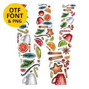 Letter W filled with hand-drawn Christmas treats in the Xmas Font.