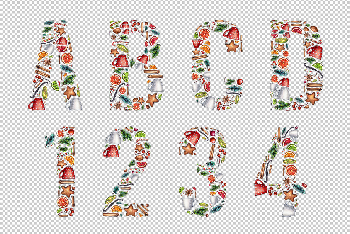 Letters A to D and numerals 1 to 4 of the Xmas Font on a transparent background.