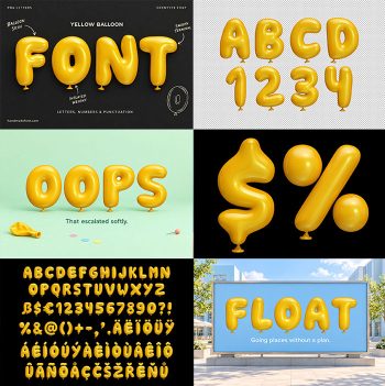 Yellow Balloon Font preview collage with the FONT cover, ABCD 1234, OOPS, dollar and percent, FLOAT and the character set
