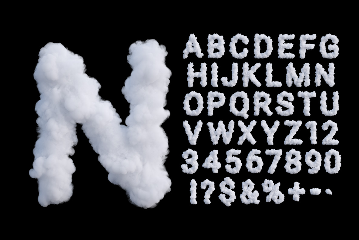 Cloudy Day Font letter N and full alphabet grid on a black background