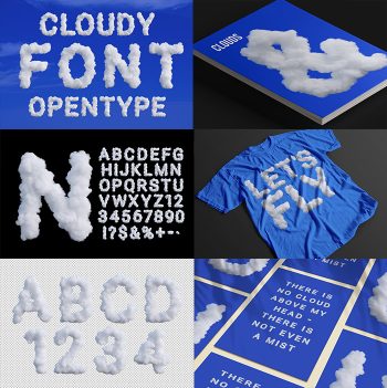 Collage of Cloudy Day Font mockups including a book cover, t-shirt, and postcard