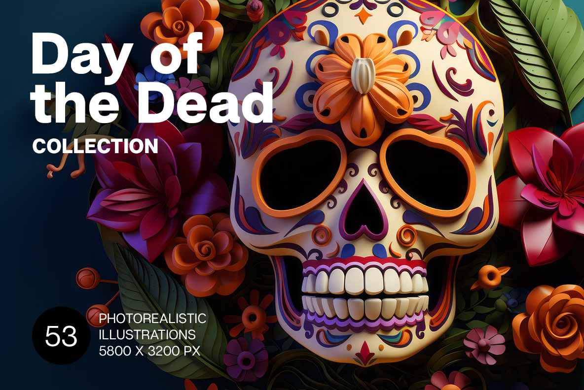 A collection of Day of the Dead photorealistic illustrations. Decorated skulls.