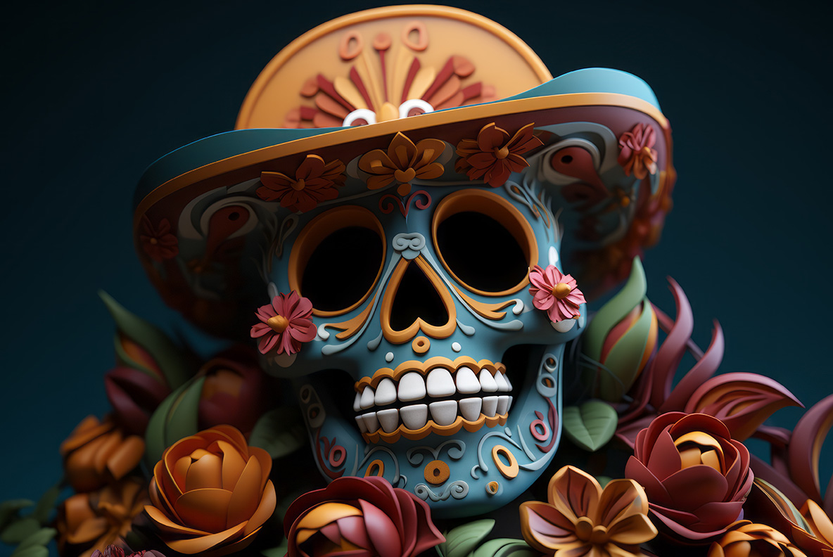 A collection of Day of the Dead photorealistic illustrations. Decorated skulls. Day of the Dead. Decorated skulls. Celebration of life and death. Souls return to Earth