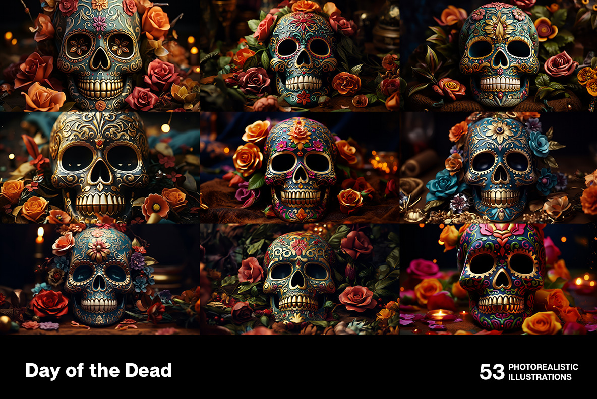 A collection of Day of the Dead photorealistic illustrations. Decorated skulls. Day of the Dead. Decorated skulls. Celebration of life and death. Souls return to Earth