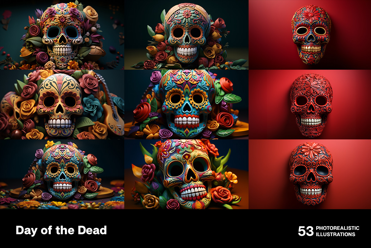 A collection of Day of the Dead photorealistic illustrations. Decorated skulls. Day of the Dead. Decorated skulls. Celebration of life and death. Souls return to Earth