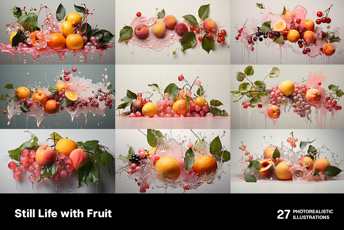 Still Life with Fruit Still Life with Fruit photorealistic illustrations, exuding a contemporary aesthetic. Beautiful fruits.