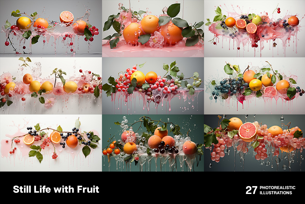Still Life with Fruit Still Life with Fruit photorealistic illustrations, exuding a contemporary aesthetic. Beautiful fruits.