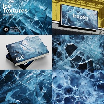 blue background texture of frozen water with frost and icicles