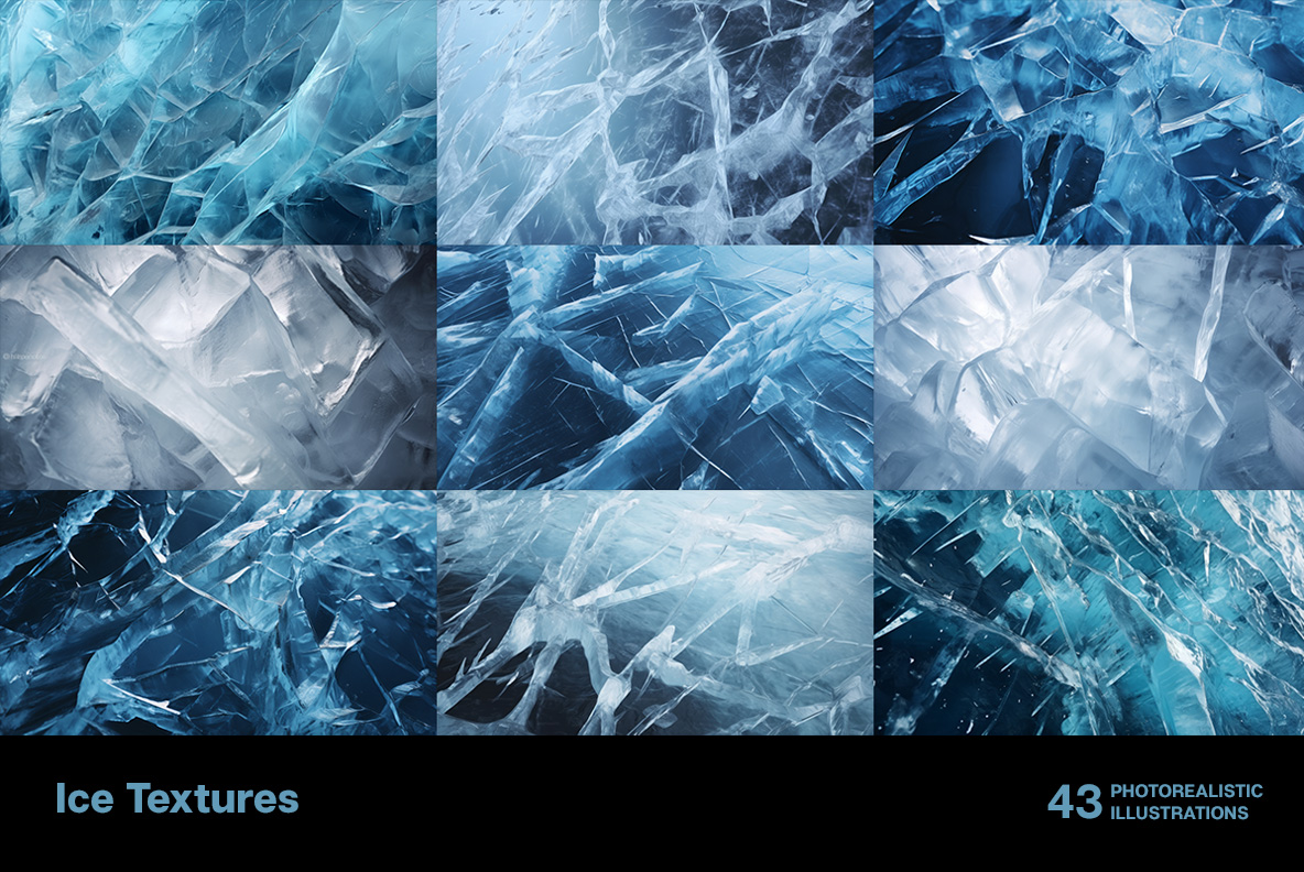 A collection of Ice Textures premium images Frozen ice patterns in winter cold freezing