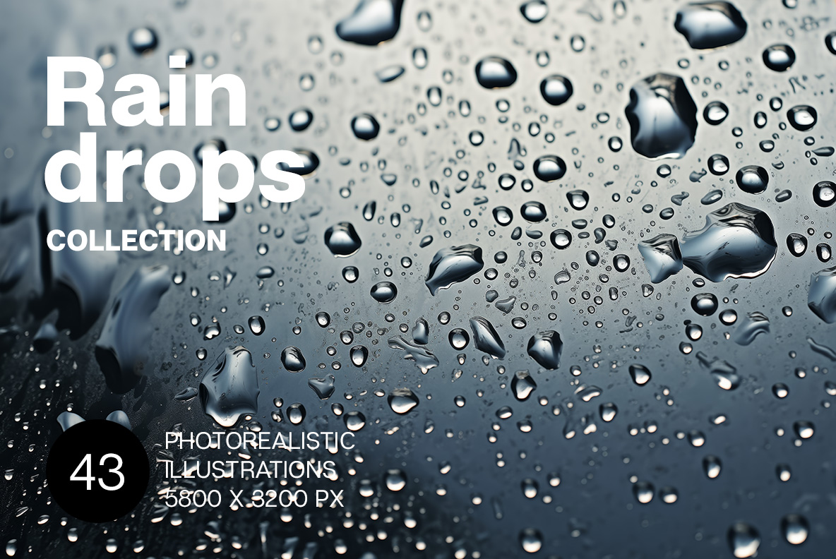 A collection of Rain drops photorealistic images Rain drops background. Rainy season, rainy weather premium images