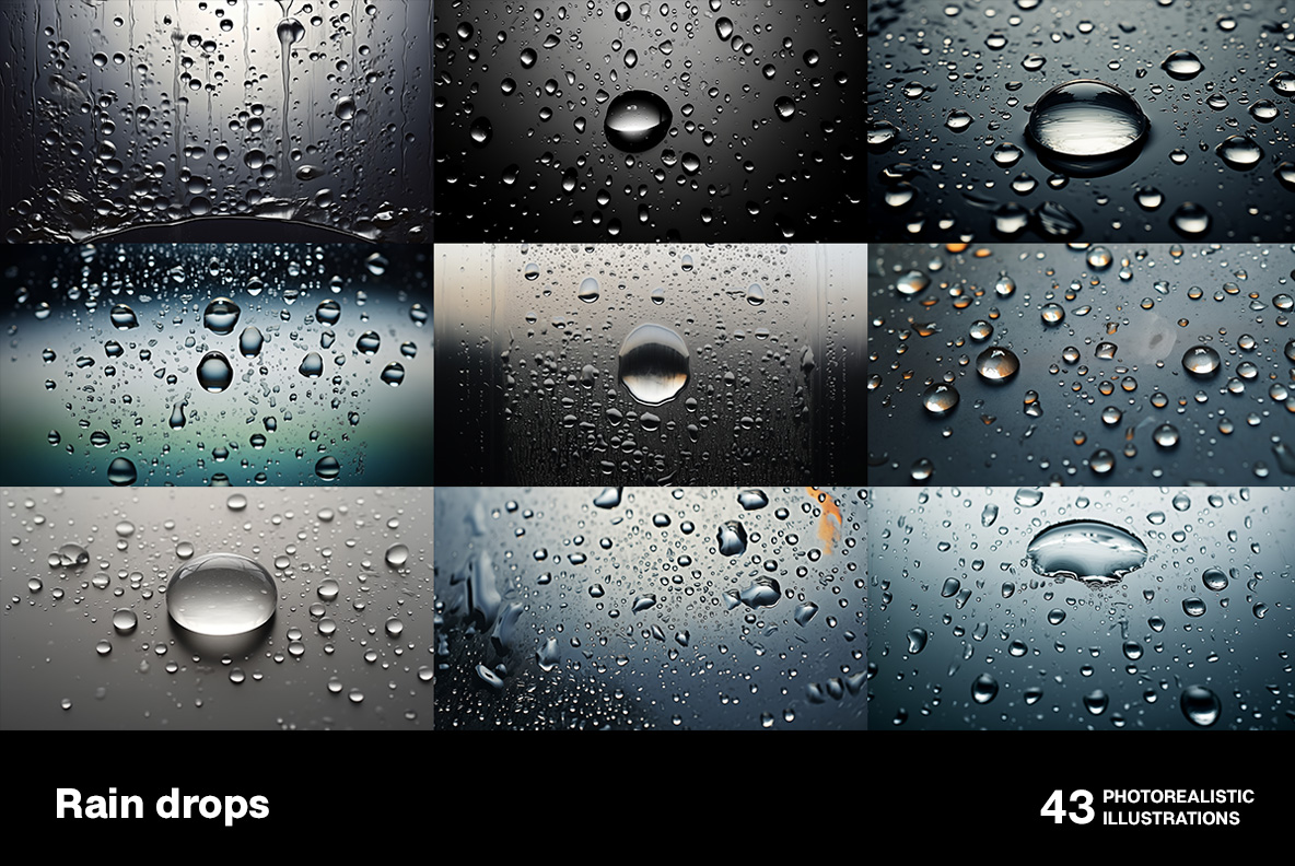 A collection of Rain drops photorealistic images Rain drops background. Rainy season, rainy weather premium images