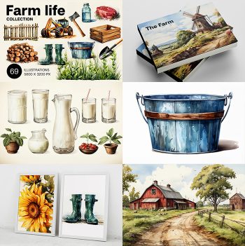 A collection of Farm life watercolor illustrations