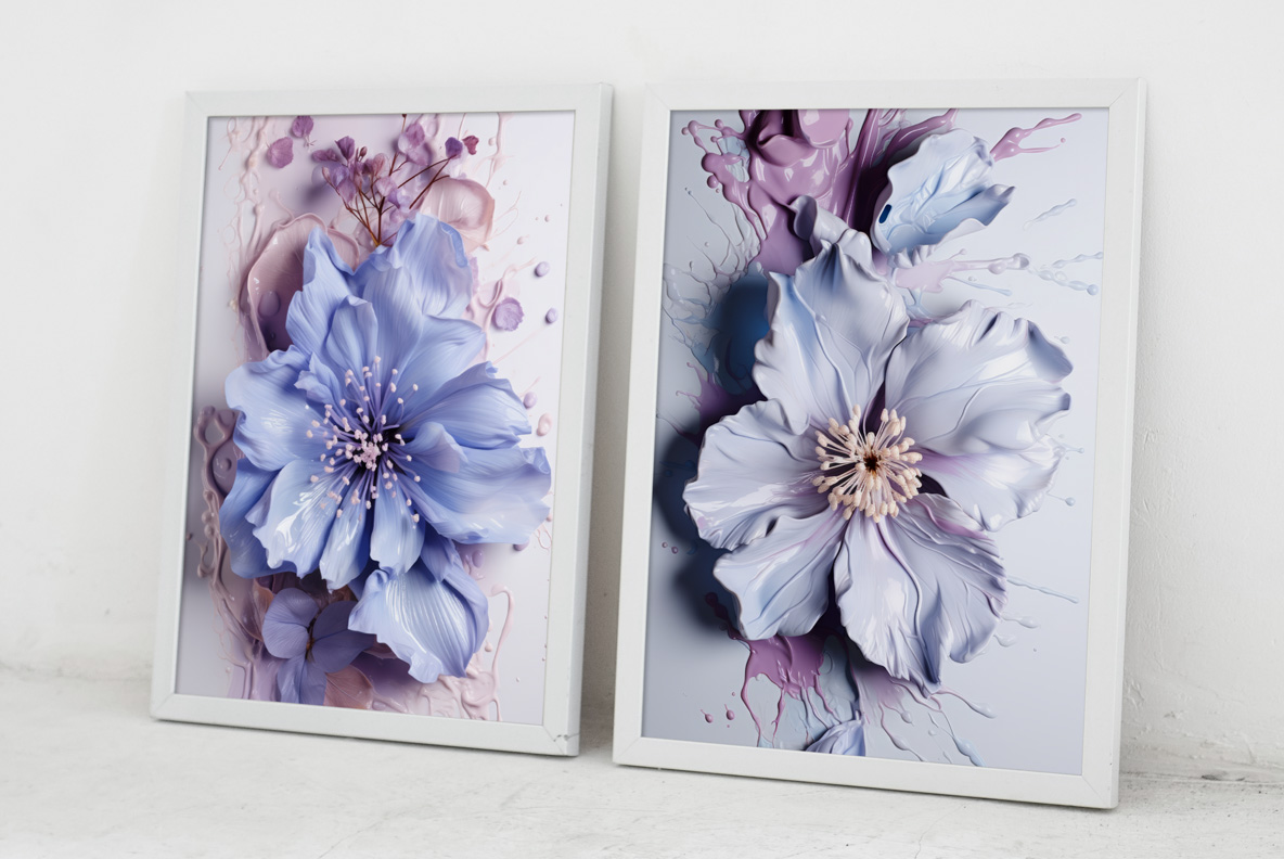 A set of Fascinating flowers creative images made by handmadefont A collection of Flowers with a leaf in the middle dripping paint splash on a bright background