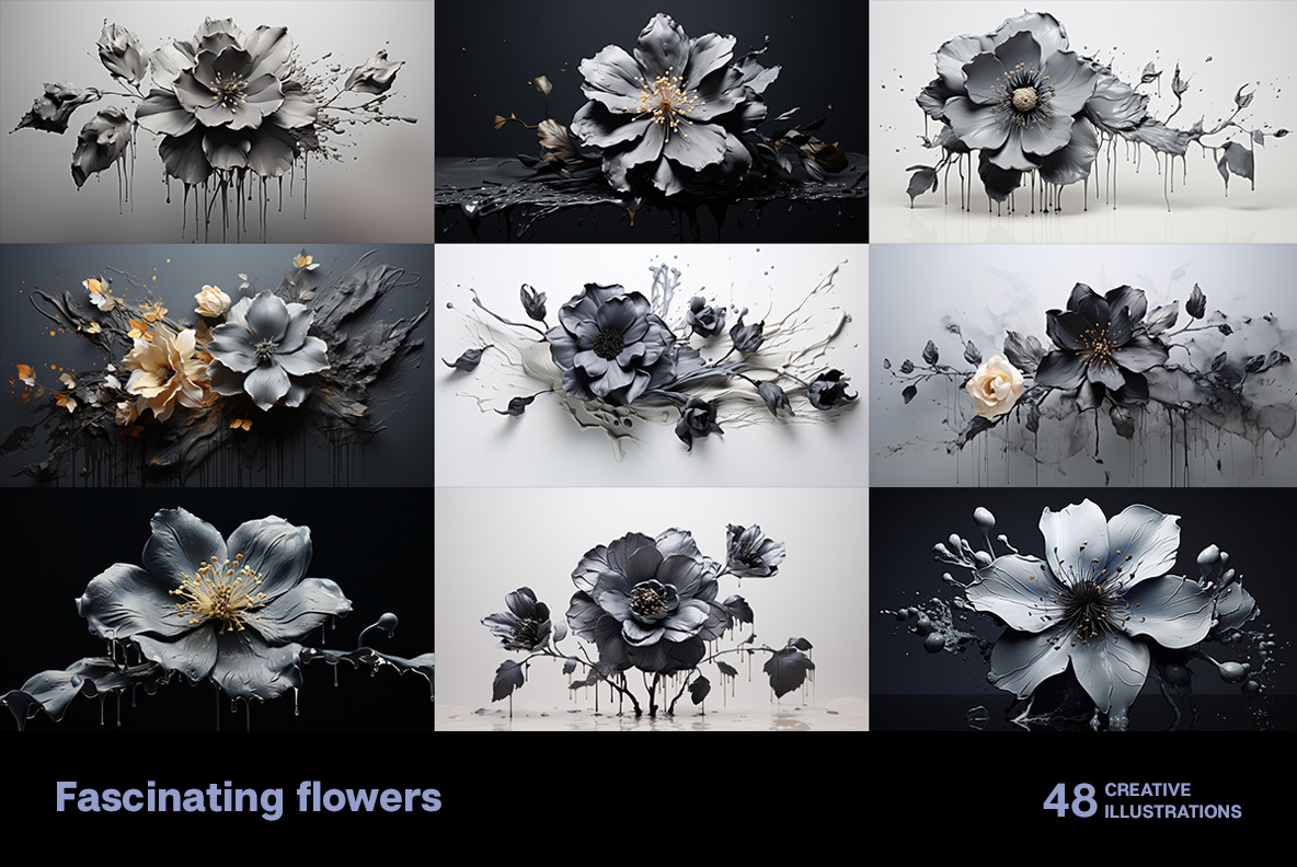 A set of Fascinating flowers creative images made by handmadefont A collection of Flowers with a leaf in the middle dripping paint splash on a bright background