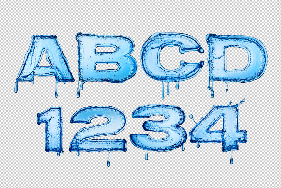 Bold Water Font transparent PNG letters Letters A to D and digits of the Bold Water Font on a transparent checkerboard background