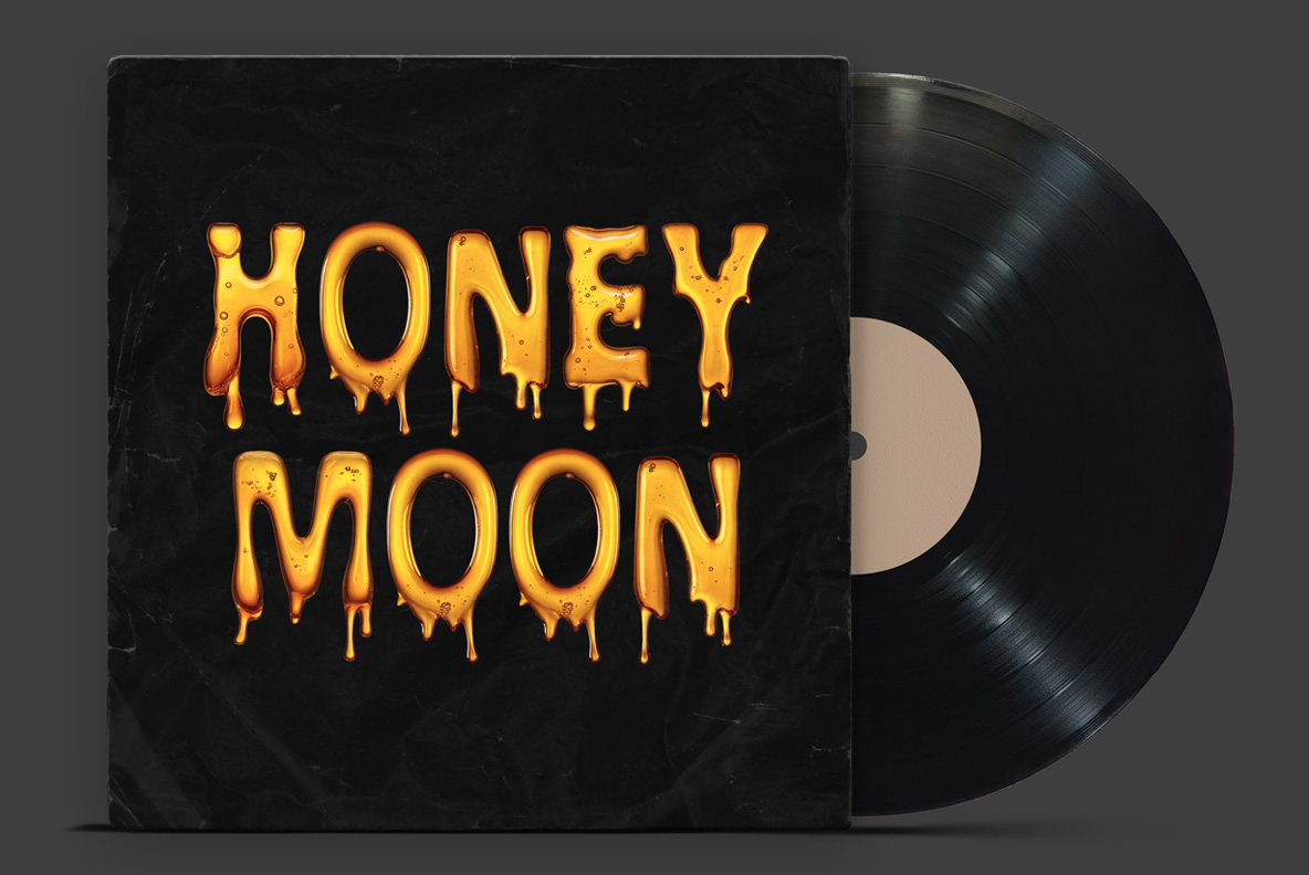 Black record sleeve titled in the Melted Honey Font beside a vinyl disc