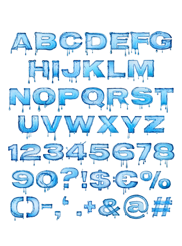 Full alphabet, numerals and punctuation of the Bold Water Font in clear blue water