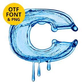 Heavy blue water letter C of the Bold Water Font on a light square with the OTF and PNG badge