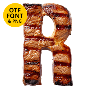 Grilled meat letter of the Steak Font on a light square with the OTF and PNG badge