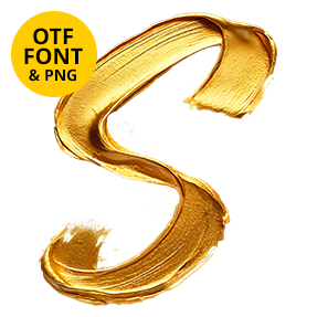 Letter S of the Gold Paint Stroke Font on a light square with the OTF and PNG badge