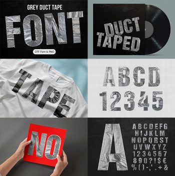 Six preview panels of the Grey Duct Tape Font showing letters and mockups