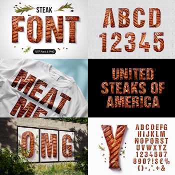 Preview grid of the Steak Font showing the cover, alphabet and mockups