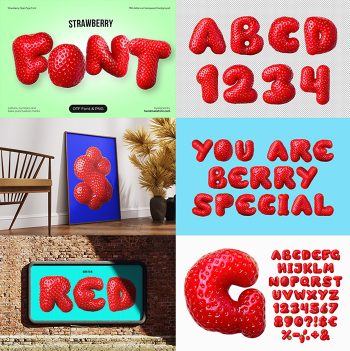 Preview grid of the Strawberry Font showing the cover, alphabet and mockups