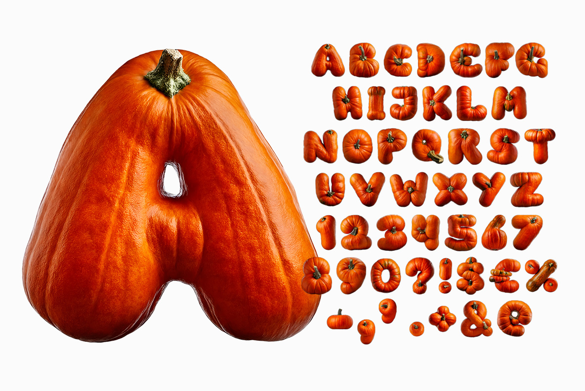 Pumpkin Font – Complete Pumpkin Alphabet and Symbols Pumpkin Font character set with a large orange letter A beside the full pumpkin alphabet, numbers and punctuation.