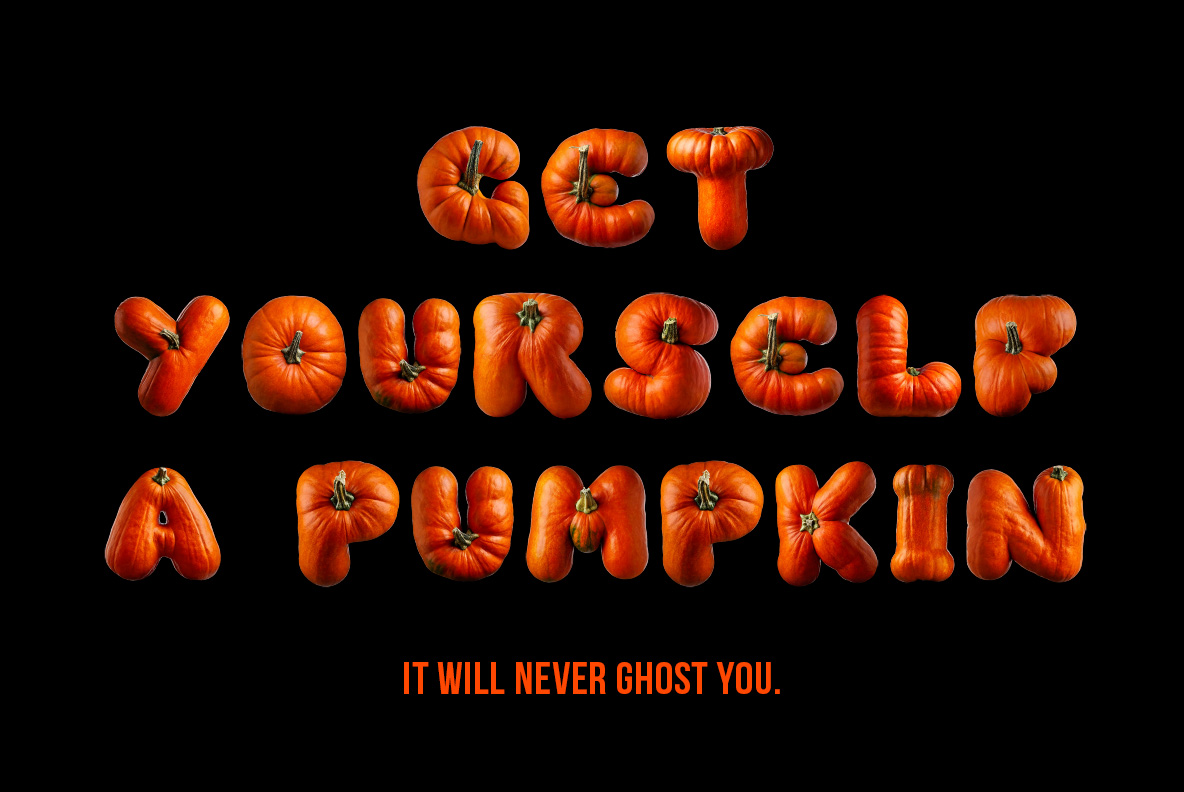 Pumpkin Font – Get Yourself a Pumpkin Quote Pumpkin Font spelling Get Yourself a Pumpkin in realistic orange gourd letters on a solid black background.