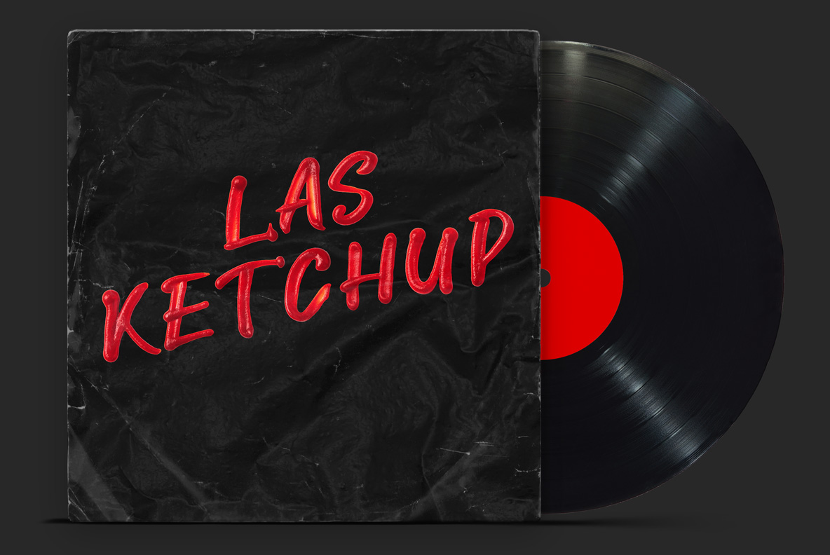 Ketchup Script Font On A Black Record Sleeve Black vinyl sleeve mockup with two words set in the Ketchup Script Font.
