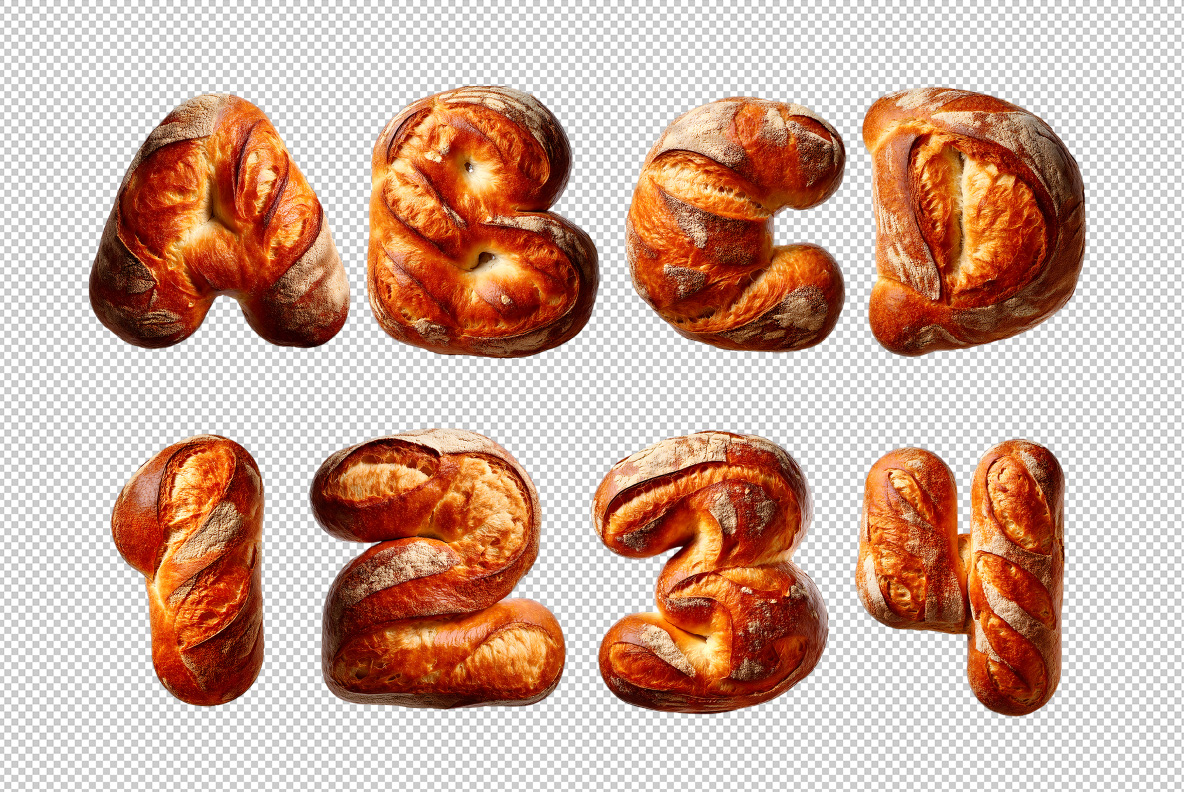 Letters A to D and numerals 1 to 4 of the Bakery Font on a transparent background.