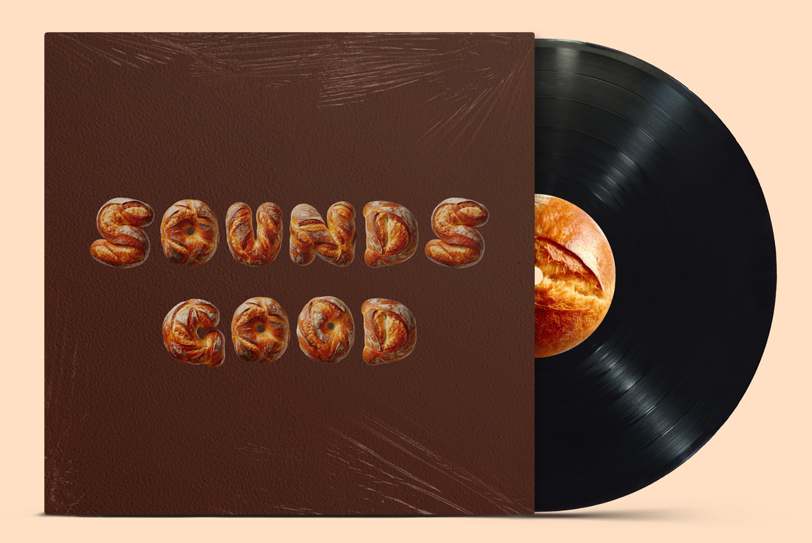 Brown vinyl sleeve mockup with two words set in the Bakery Font.